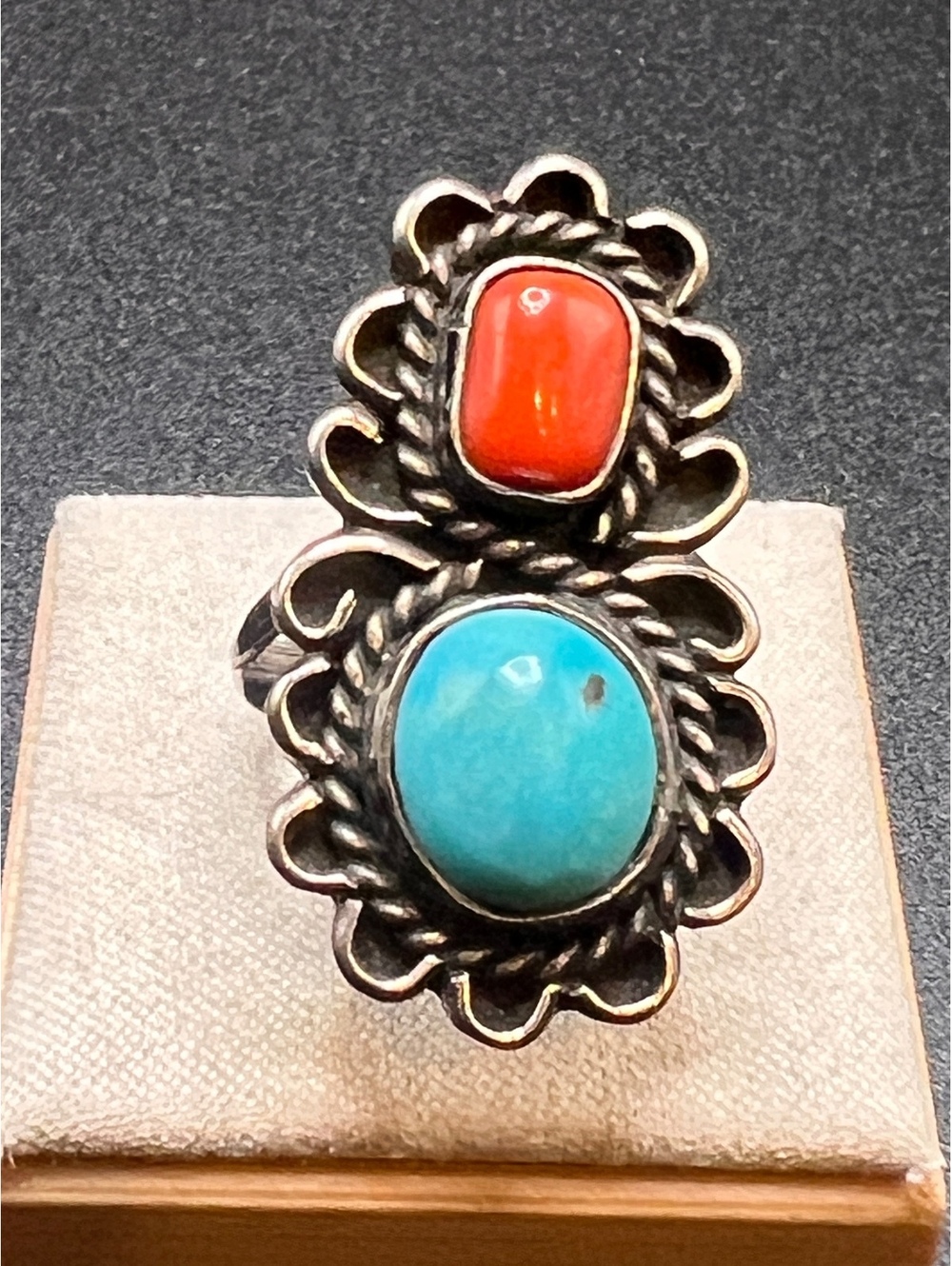 Vintage Sterling Silver Turquoise Red Coral Style Southwestern Ring Size 6.5